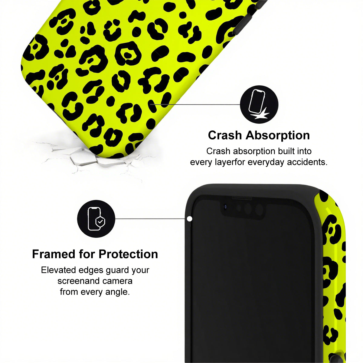 Phone case with leopard print edge and text about crash absorption and protection.