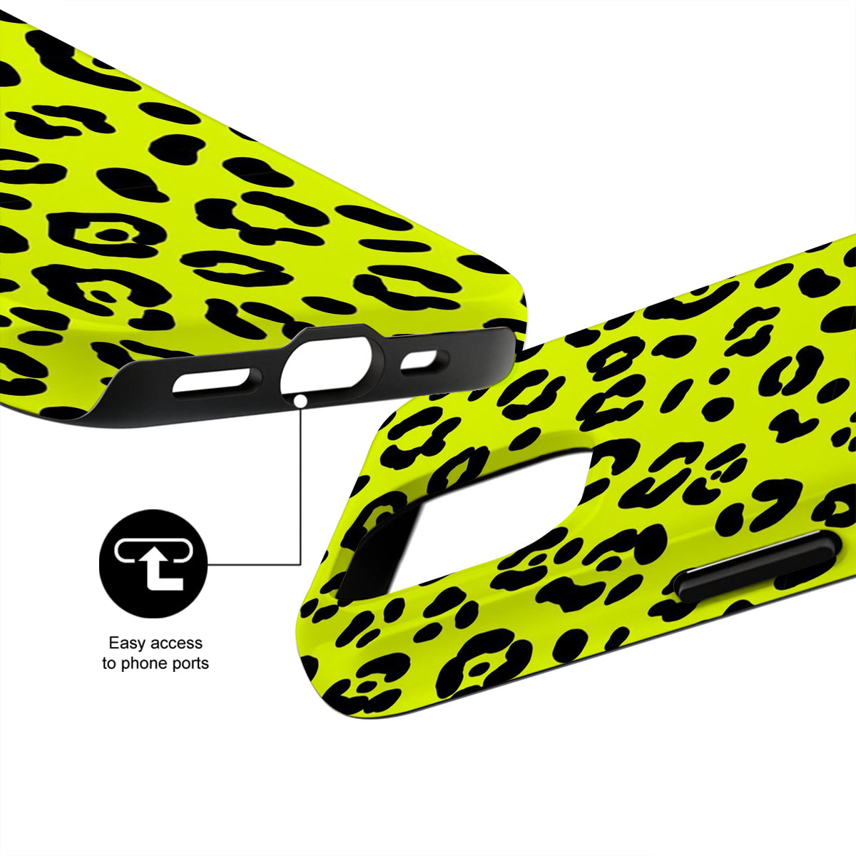 Yellow phone case with black leopard print pattern on a white background