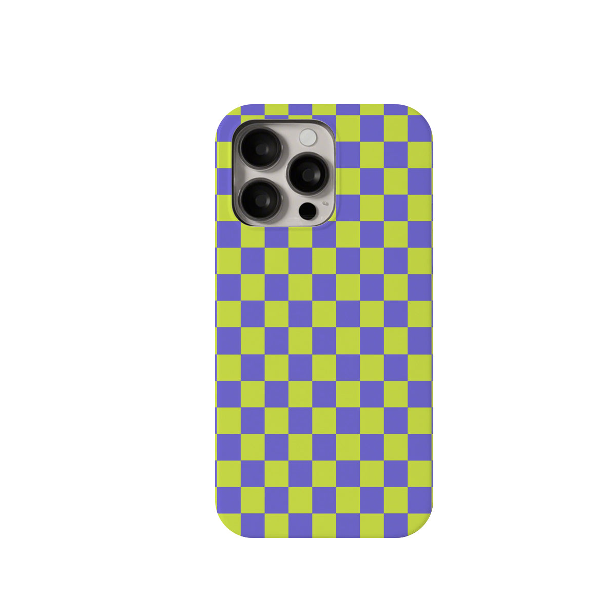 Phone case with green and purple checkered pattern on a white background