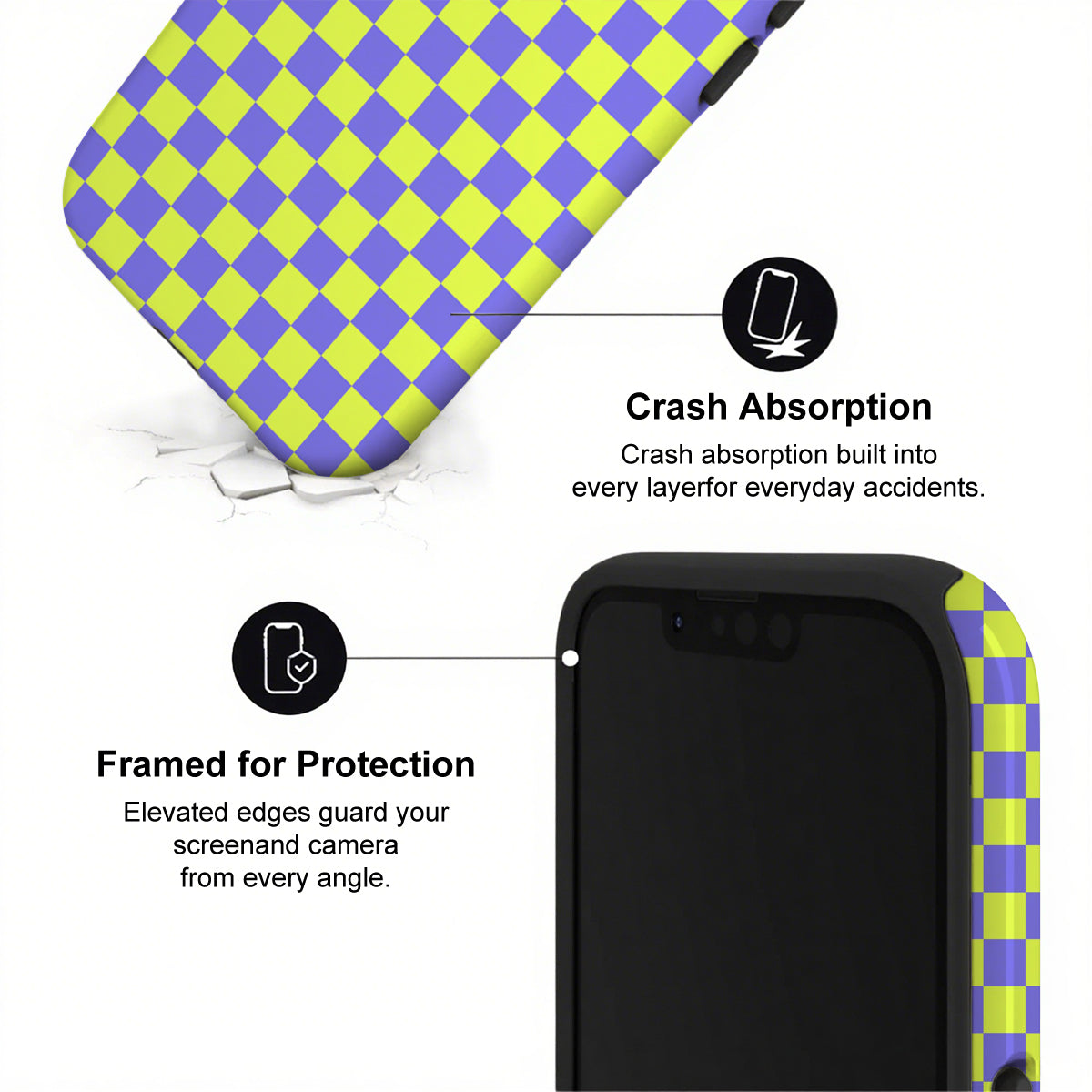 Phone case with checkered pattern and text highlighting crash absorption and protection features.