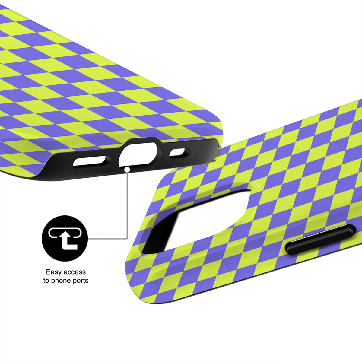 Checkered phone case with purple and green pattern on a white background