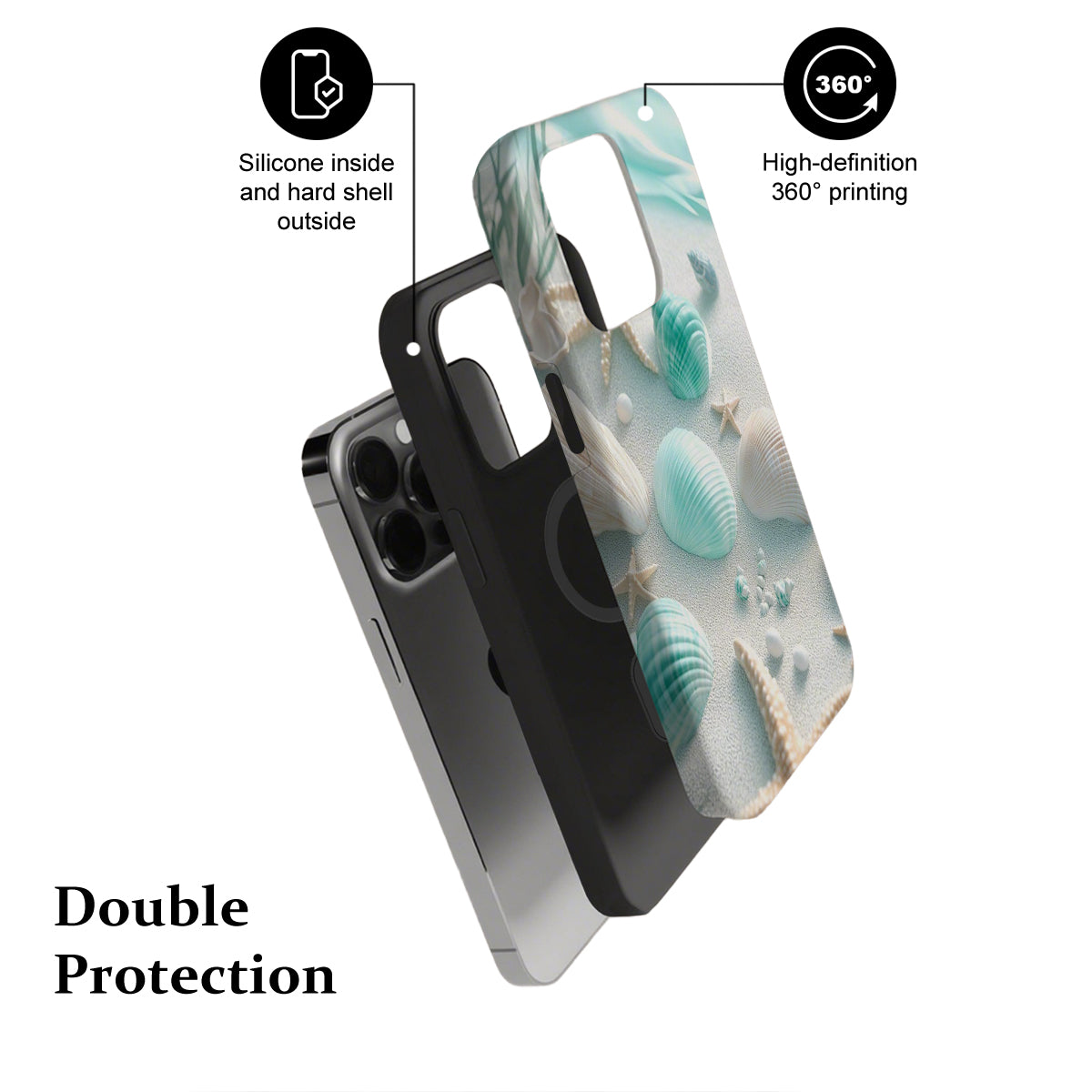 Phone case with seashell design and text highlighting features on a white background