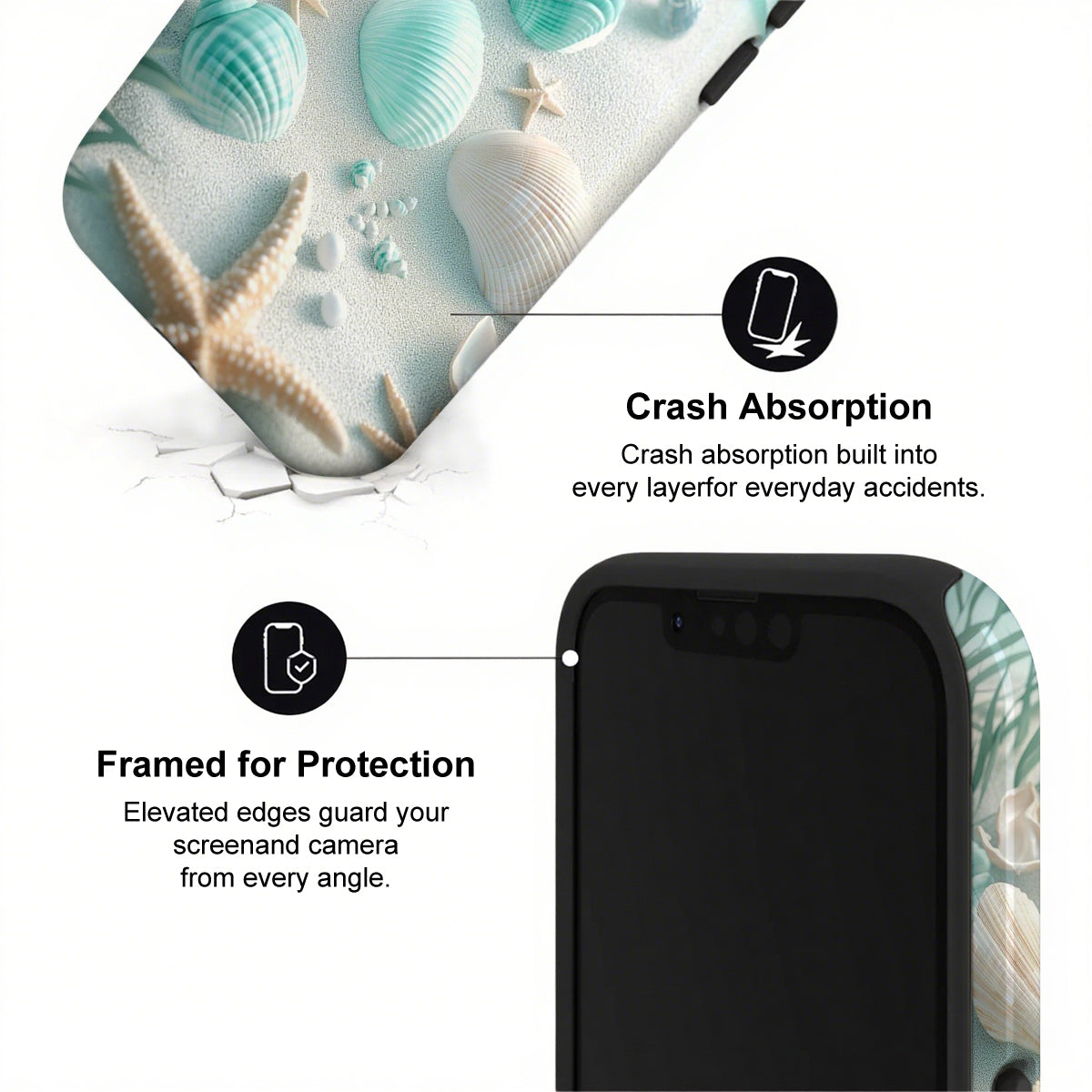 Phone case with seashell design and text highlighting crash absorption and protection features.