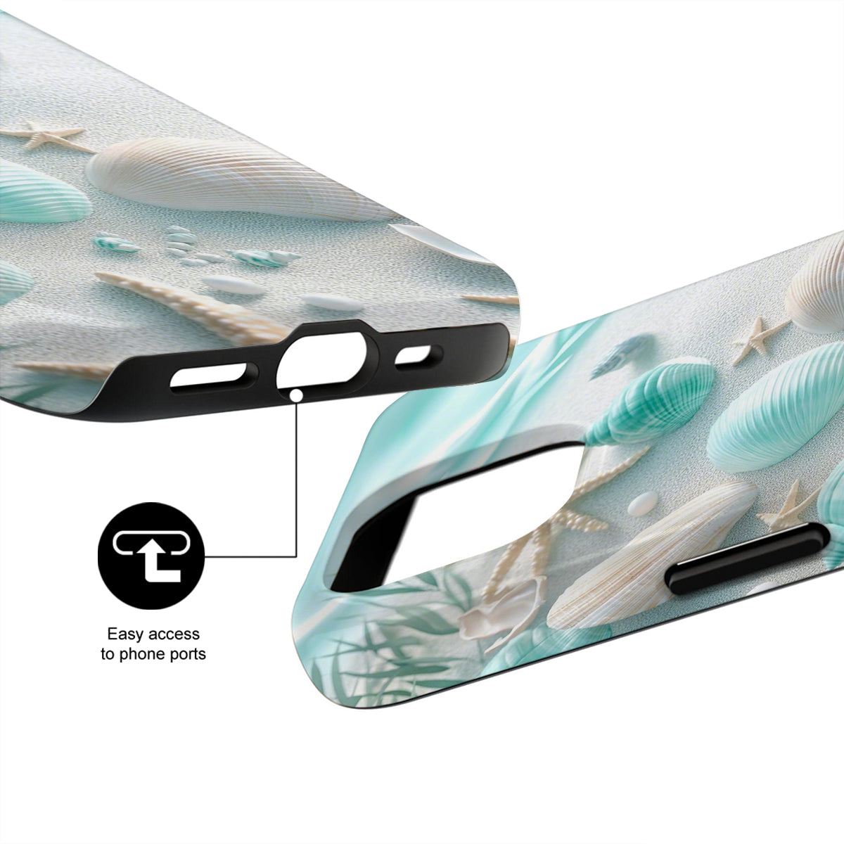 Phone case with seashell design and easy access to phone ports feature