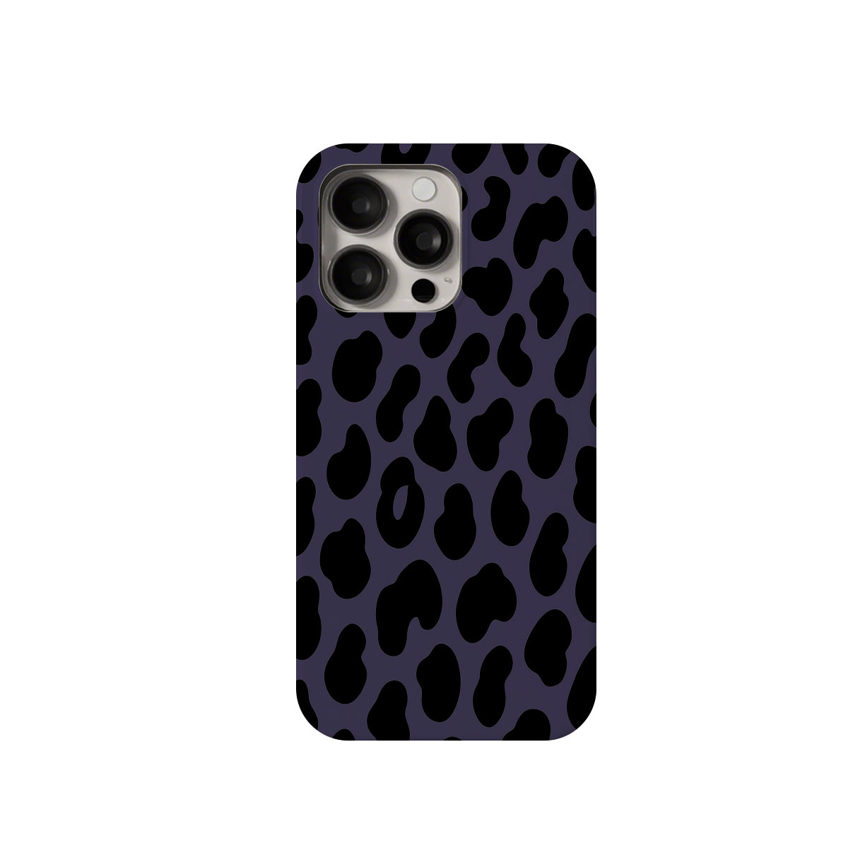 Phone case with black leopard print pattern on a purple background