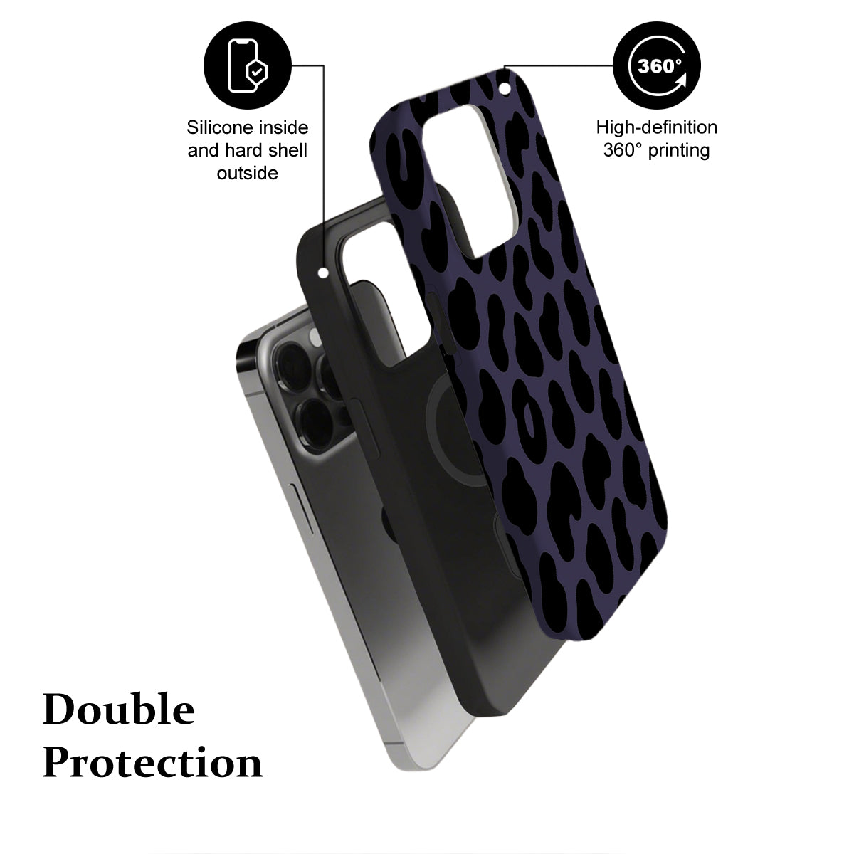 Phone case with leopard print design and text highlighting features on a white background