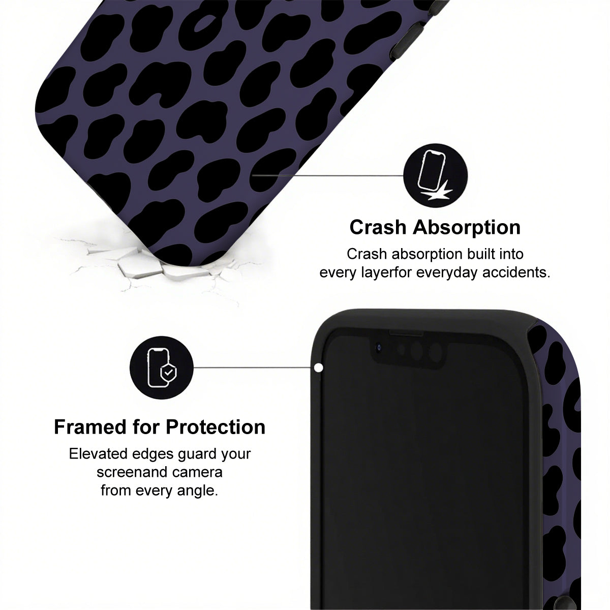 Phone case with black leopard print pattern and text highlighting crash absorption and protection features.