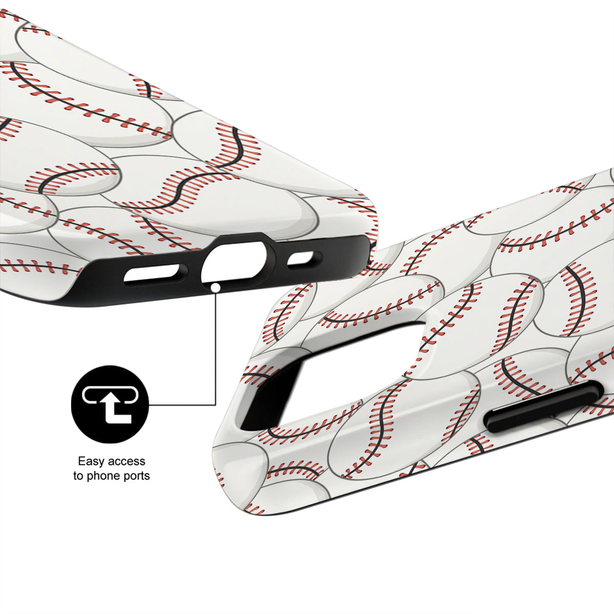Phone case with baseball pattern and easy access to phone ports on a white background