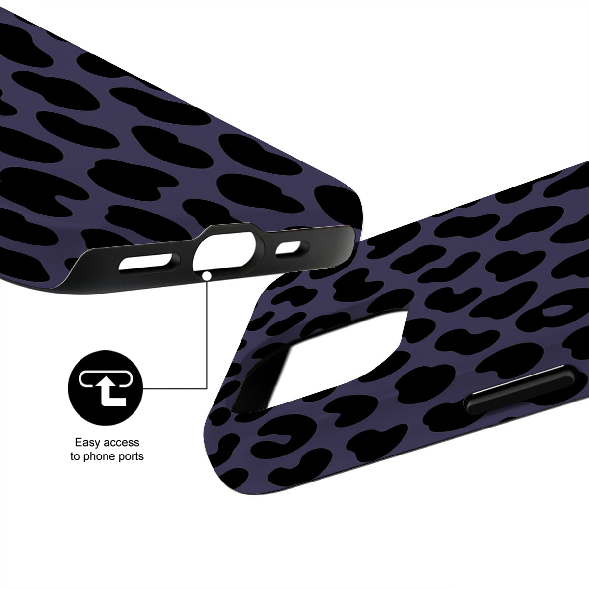 Phone case with purple and black leopard print design on a white background