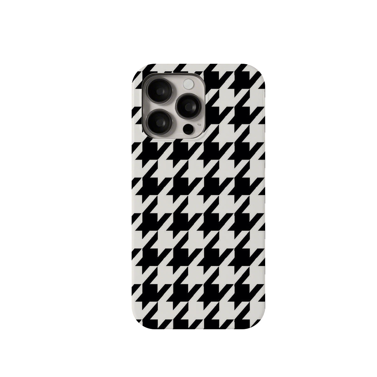 Phone case with black and white houndstooth pattern on a white background