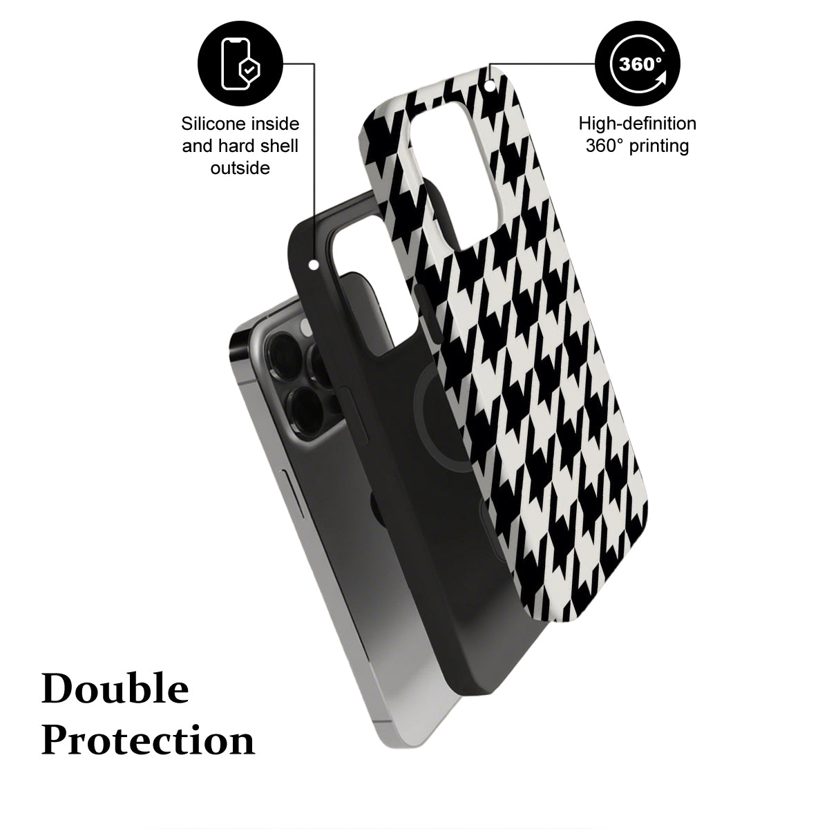 Phone case with houndstooth pattern and text highlighting features on a white background