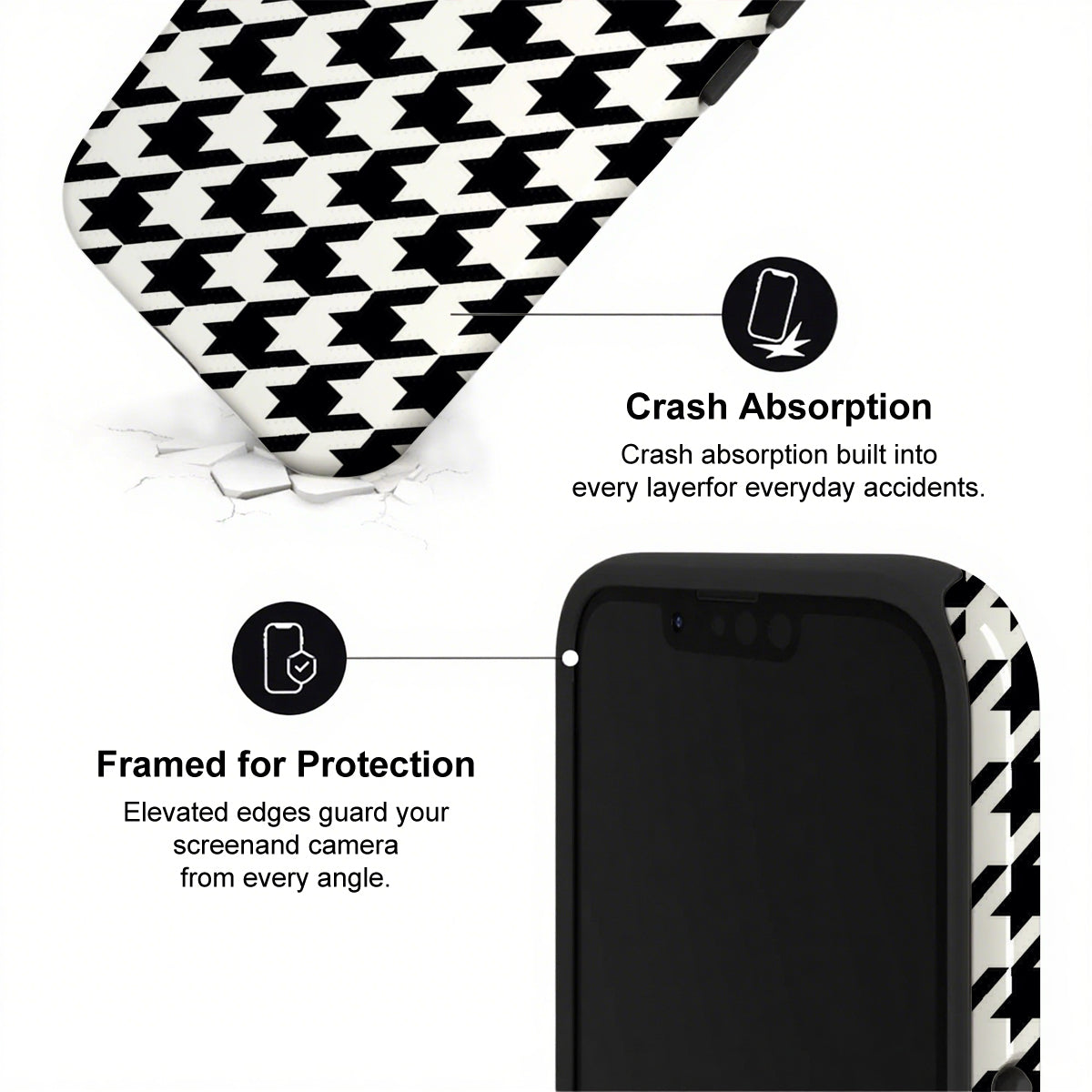 Phone case with black and white pattern and text highlighting crash absorption and protection features.