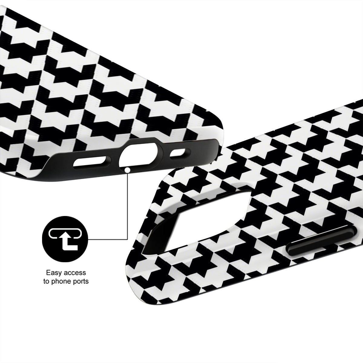 Black and white checkered phone case with easy access to phone ports feature on a white background
