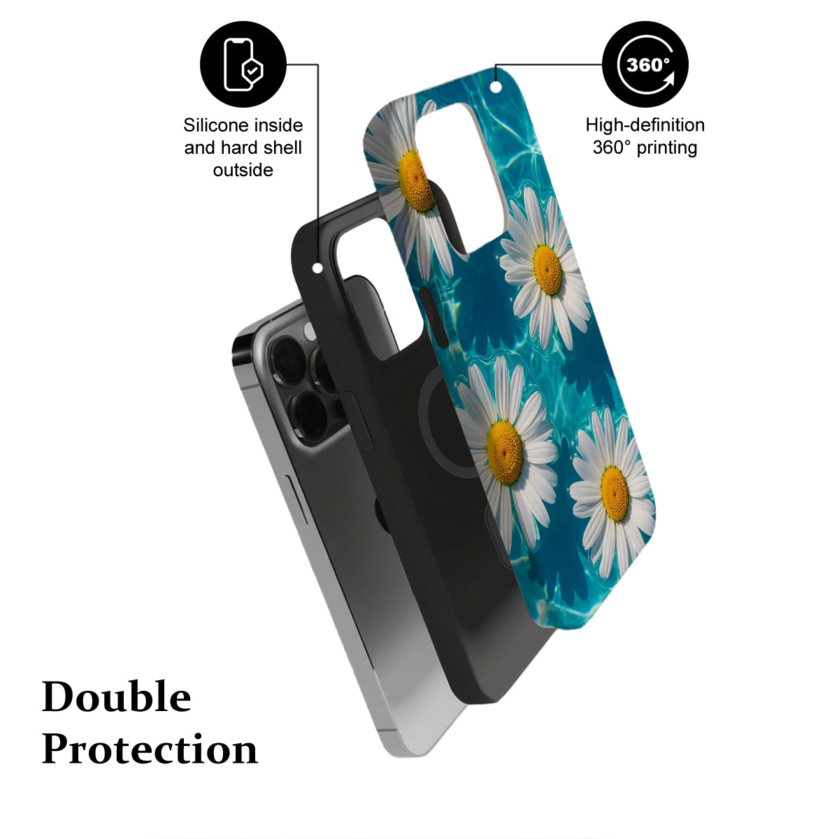 Phone case with floral design and text highlighting features on a white background