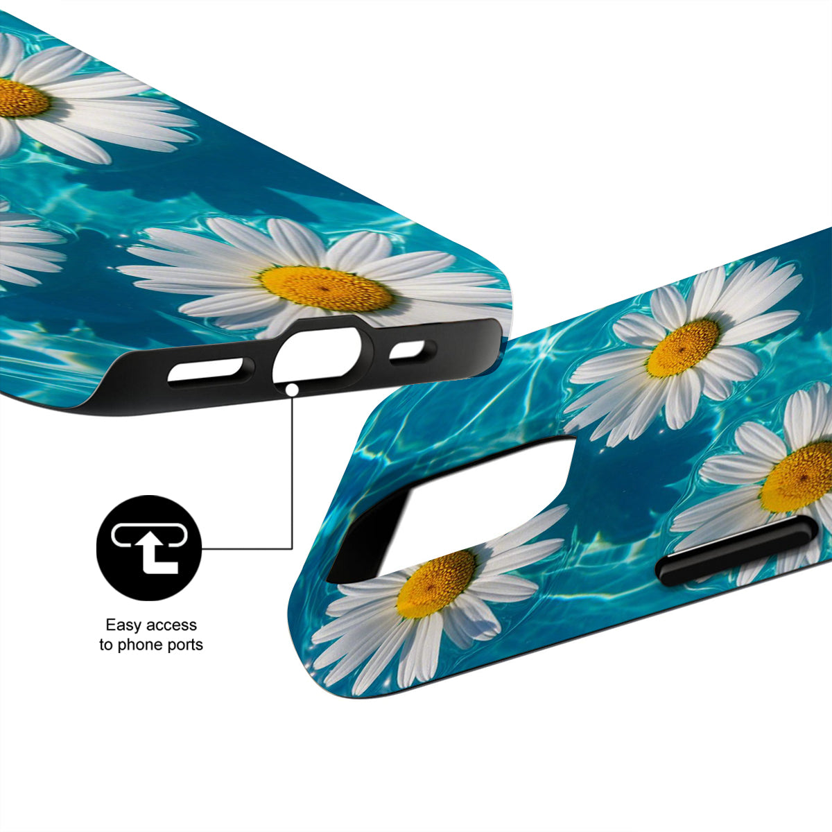 Phone case with daisy pattern on a blue background