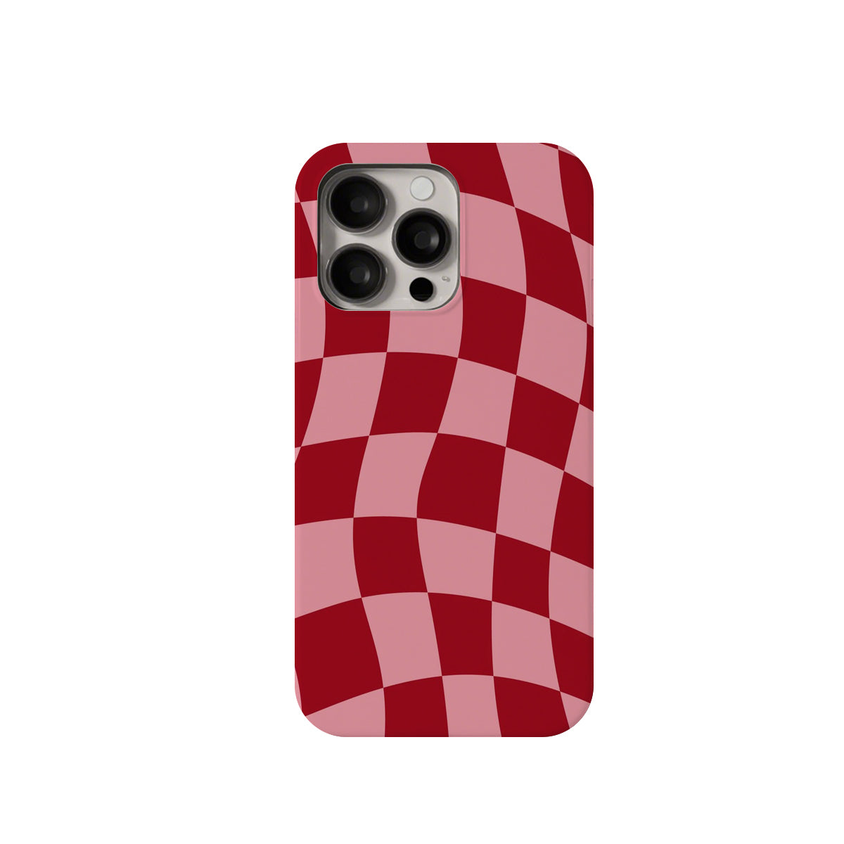 Phone case with red and pink checkered pattern on a white background