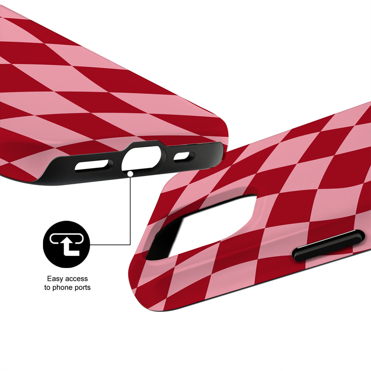 Red and pink checkered phone case with clear ports on a white background