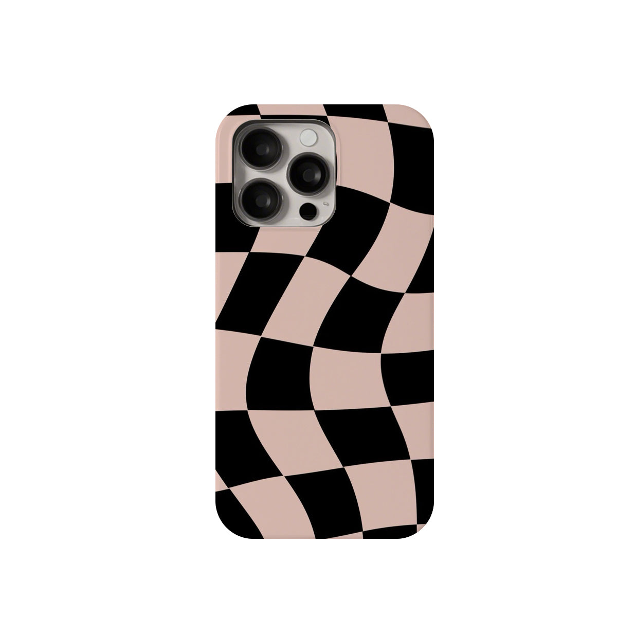 Phone case with a black and pink checkered pattern on a white background
