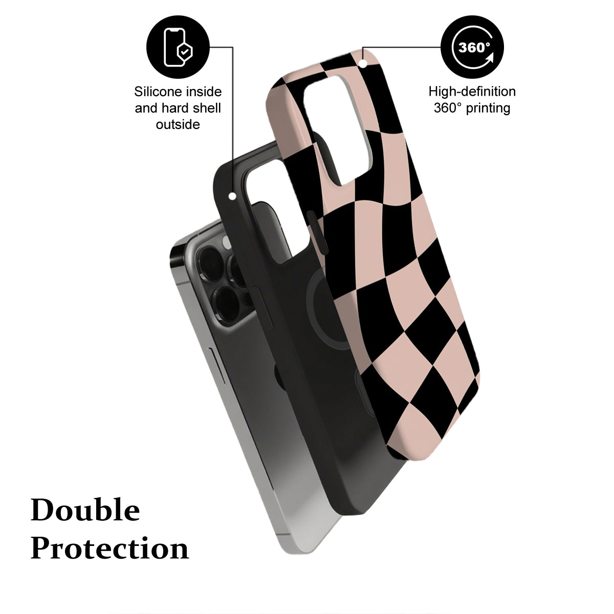 Phone case with checkered design and text highlighting features on a white background