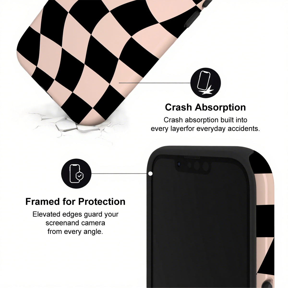 Phone case with checkered pattern and text highlighting crash absorption and protection features.