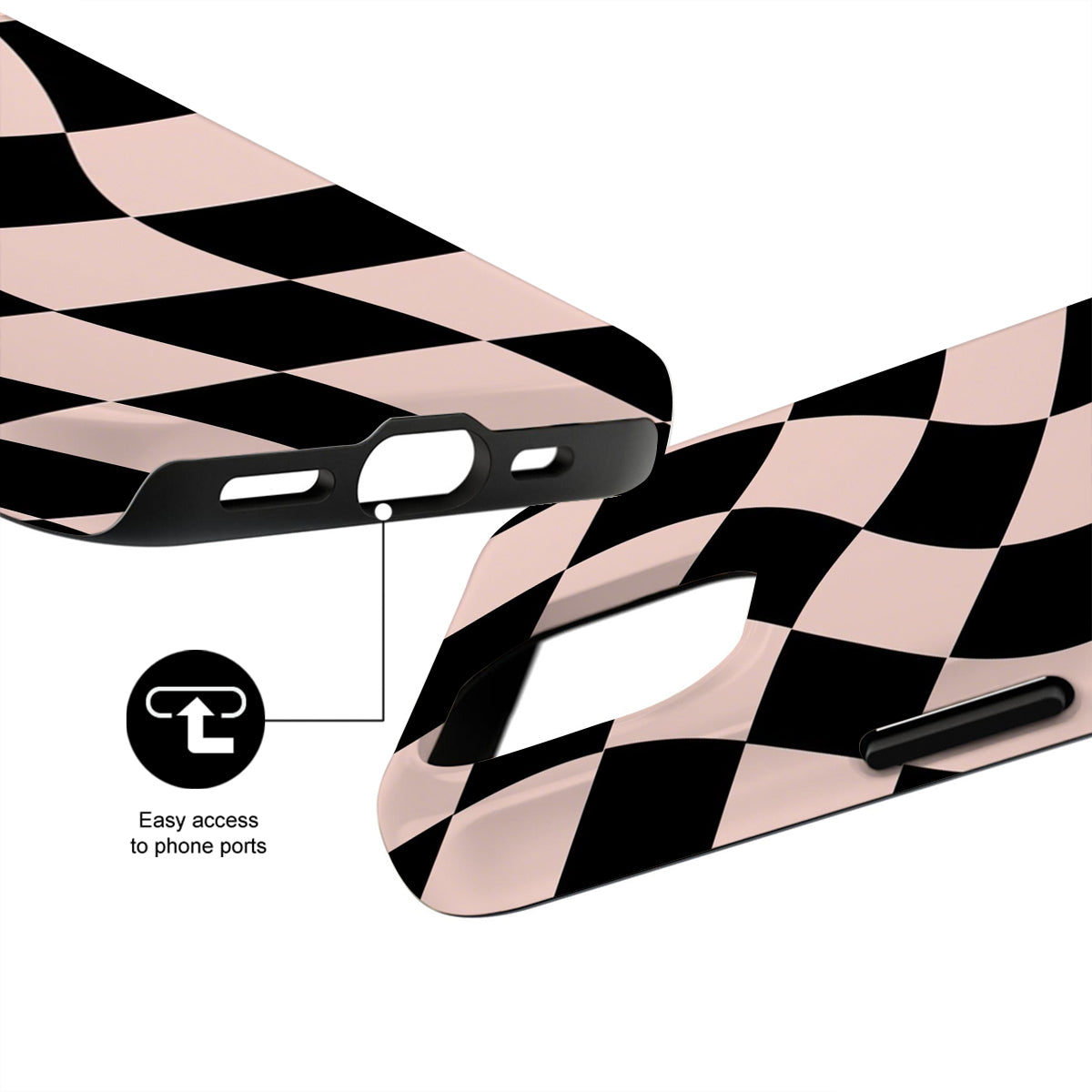 Checkered phone case with black and pink pattern on a white background