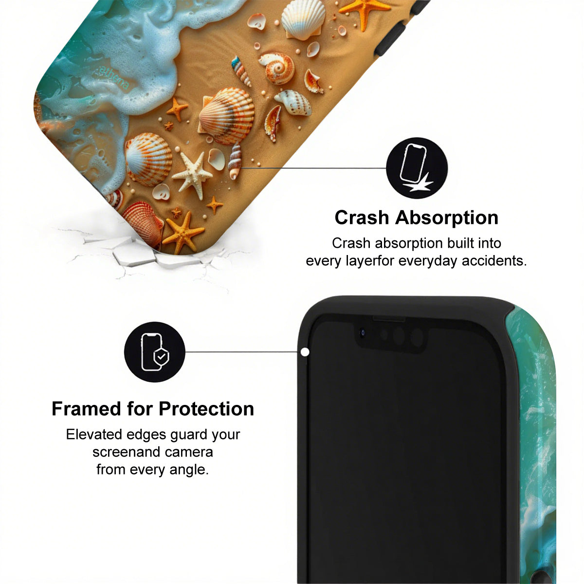 Phone case with beach design and text highlighting crash absorption and protection features.