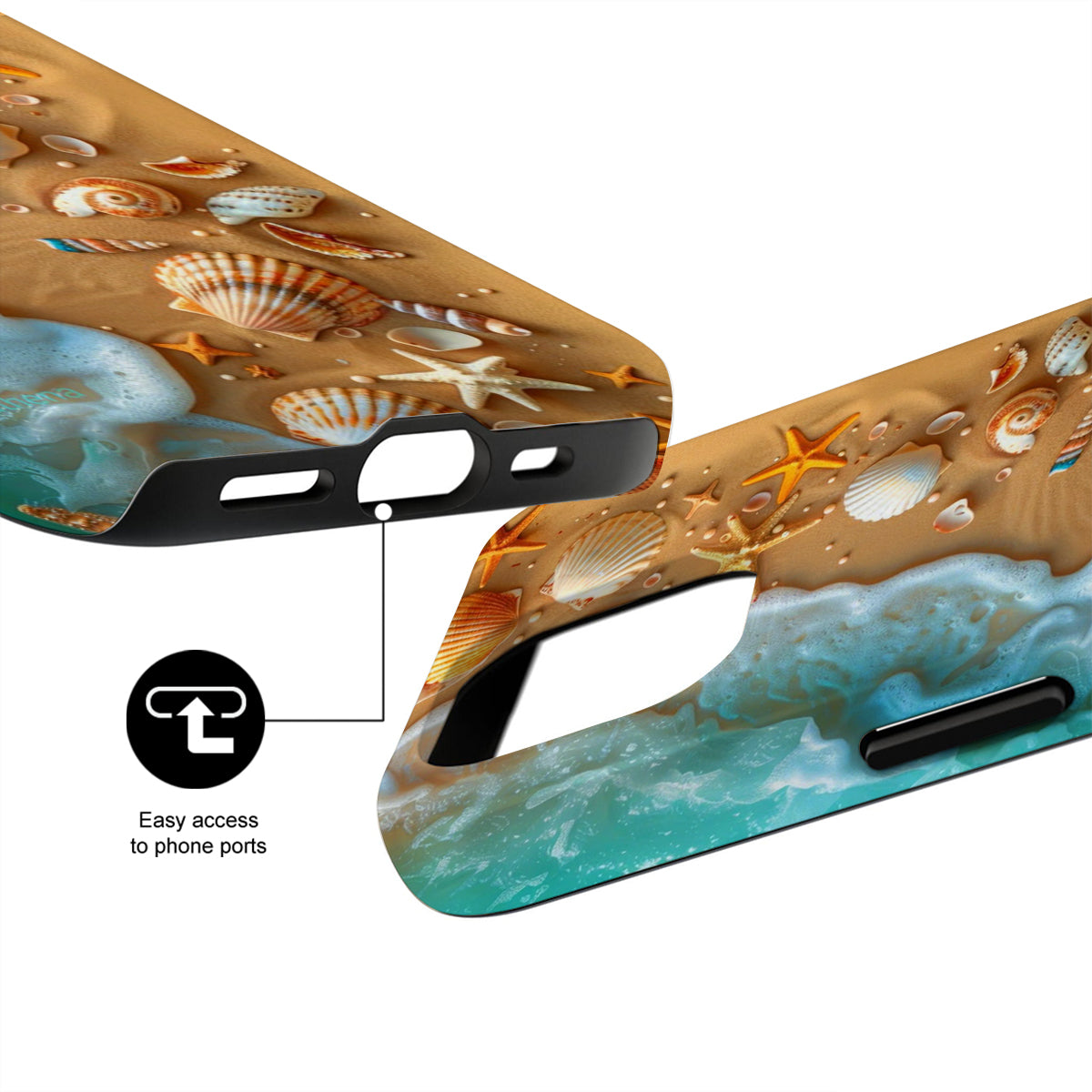 Two phone cases with beach-themed design and text indicating easy access to phone ports.
