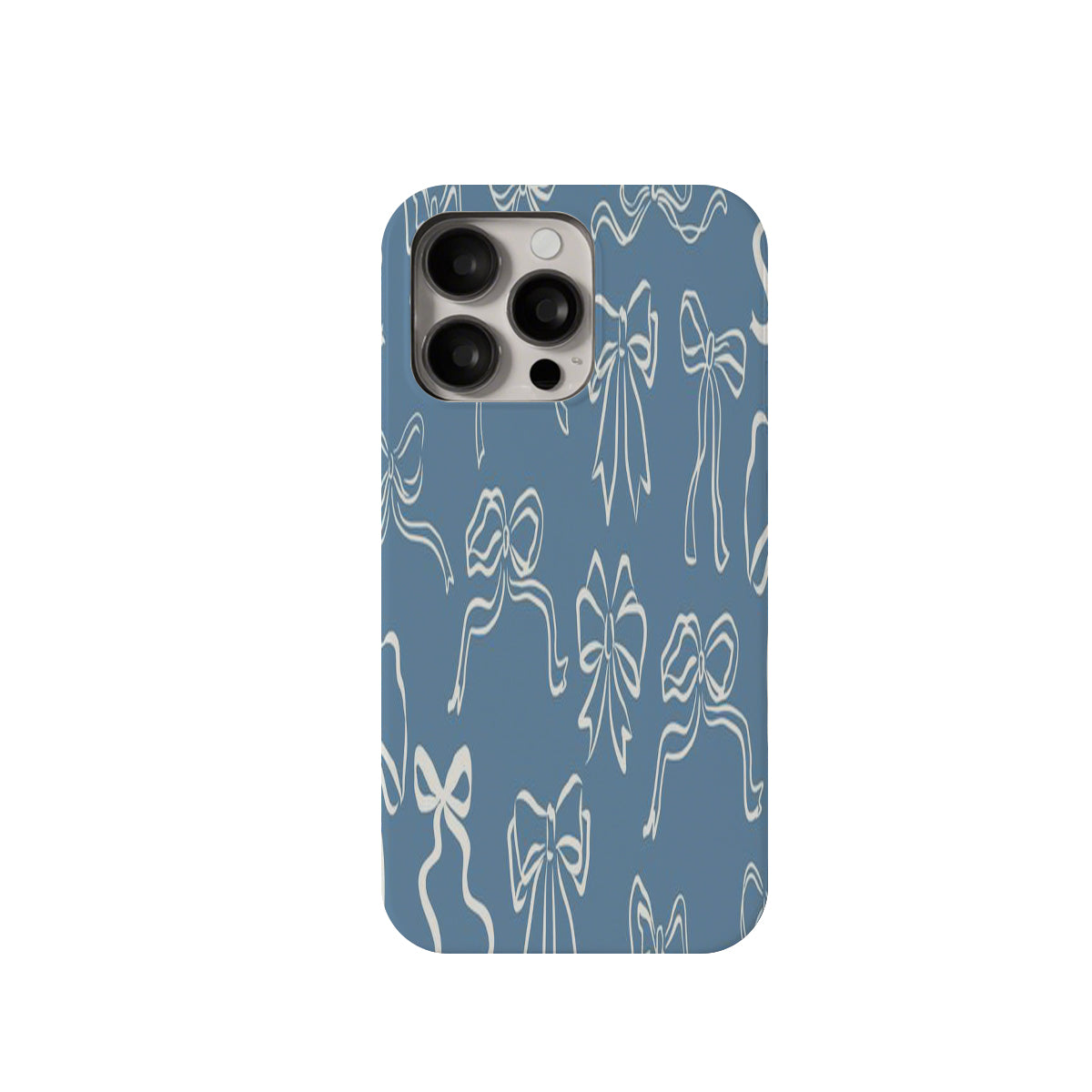 Phone case with white bow pattern on a blue background