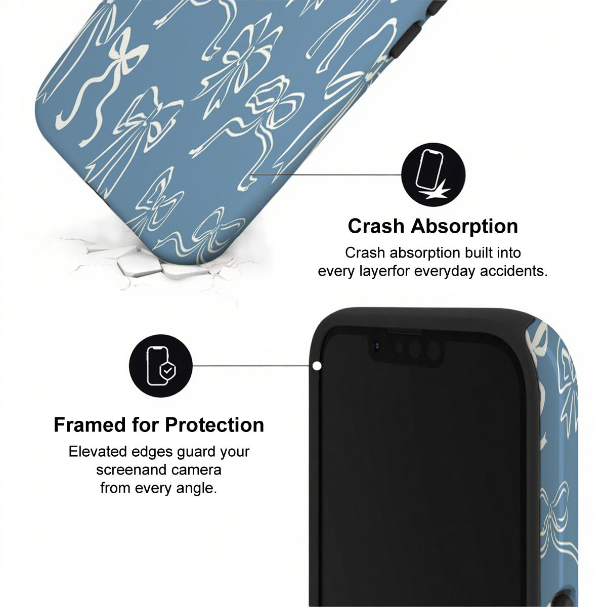Phone case with crash absorption and framed protection features on a white background