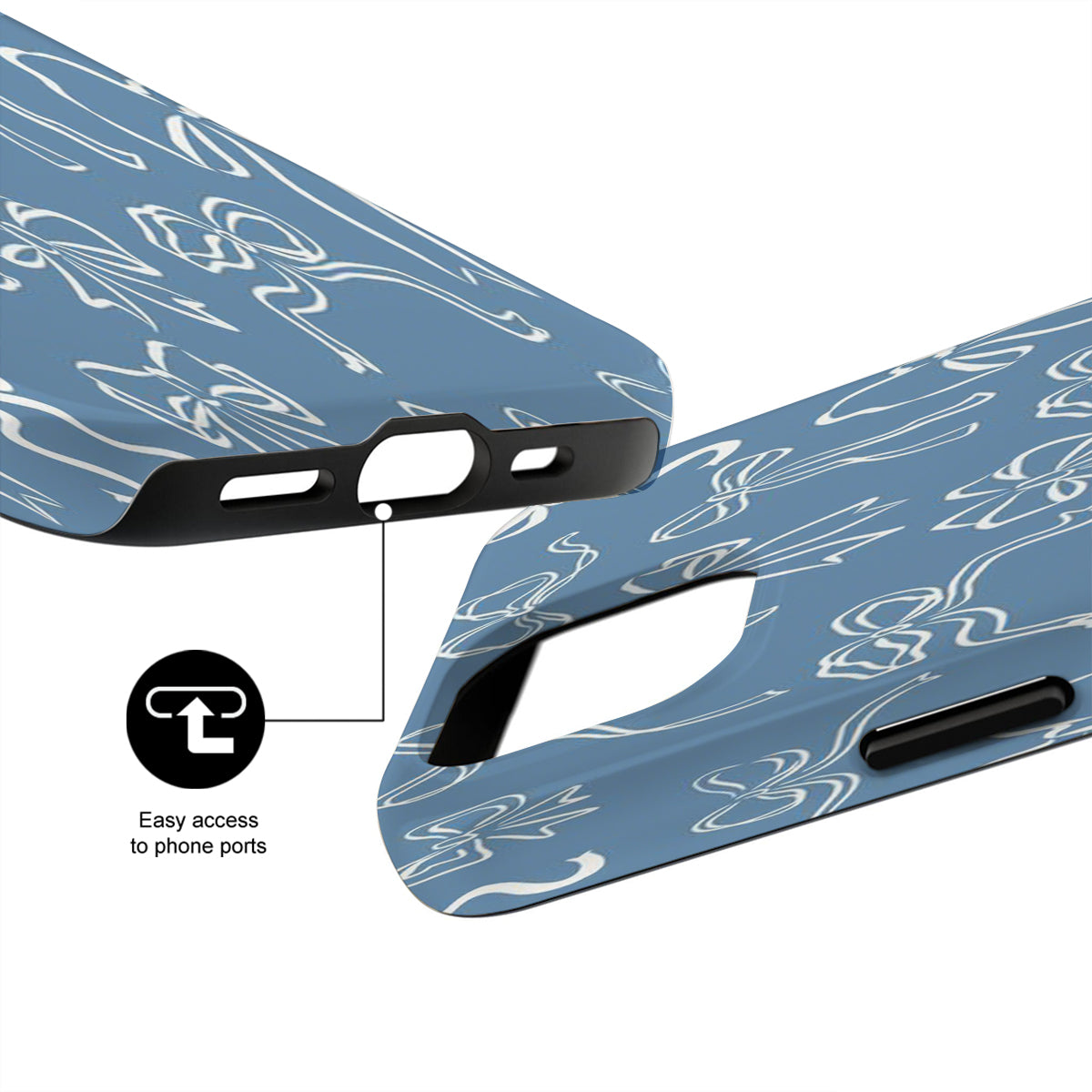 Blue phone case with white abstract design and ports accessibility feature on a white background