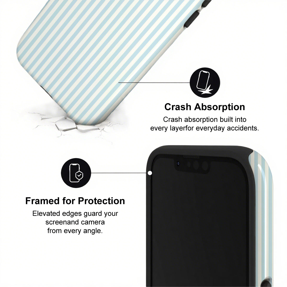 Phone case with crash absorption and protection features on a white background