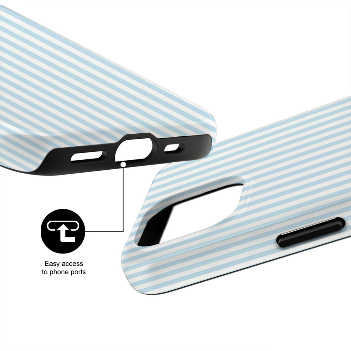 Phone case with striped design and ports accessibility feature on a white background