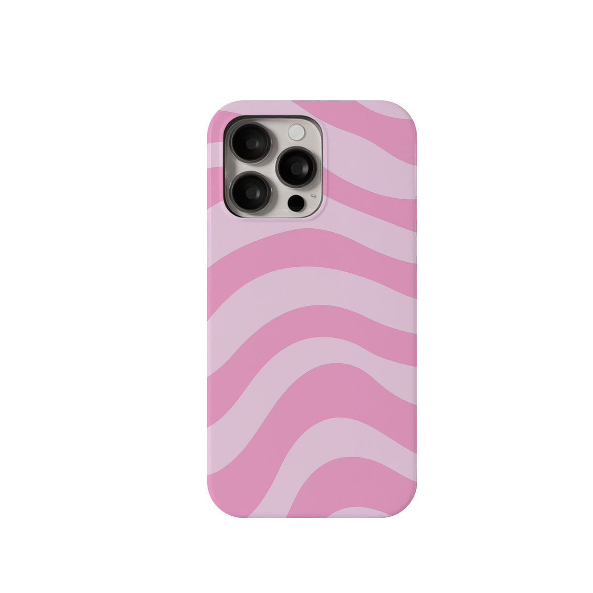 Phone case with pink and white wavy pattern on a white background