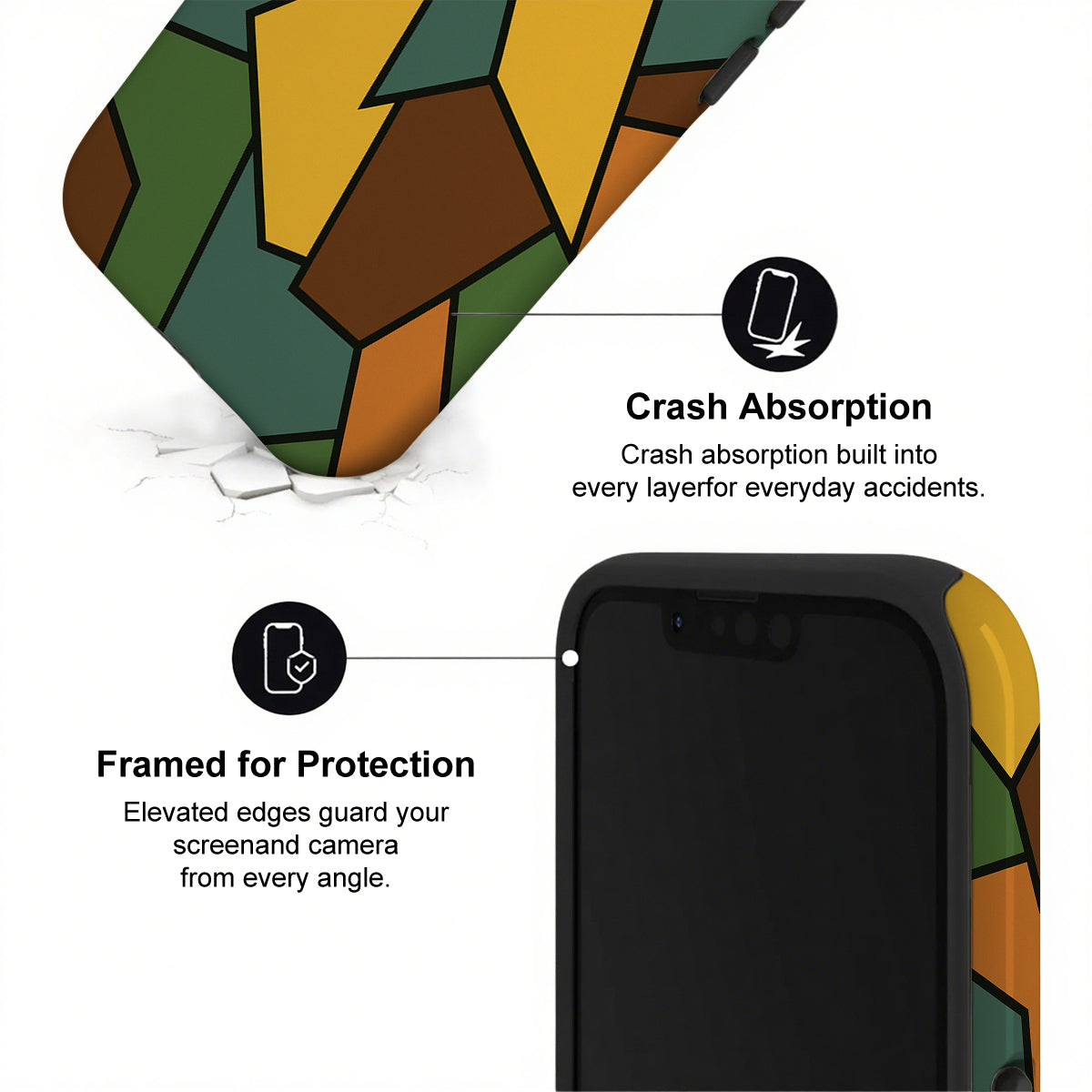 Phone case with geometric design and text highlighting crash absorption and protection features.