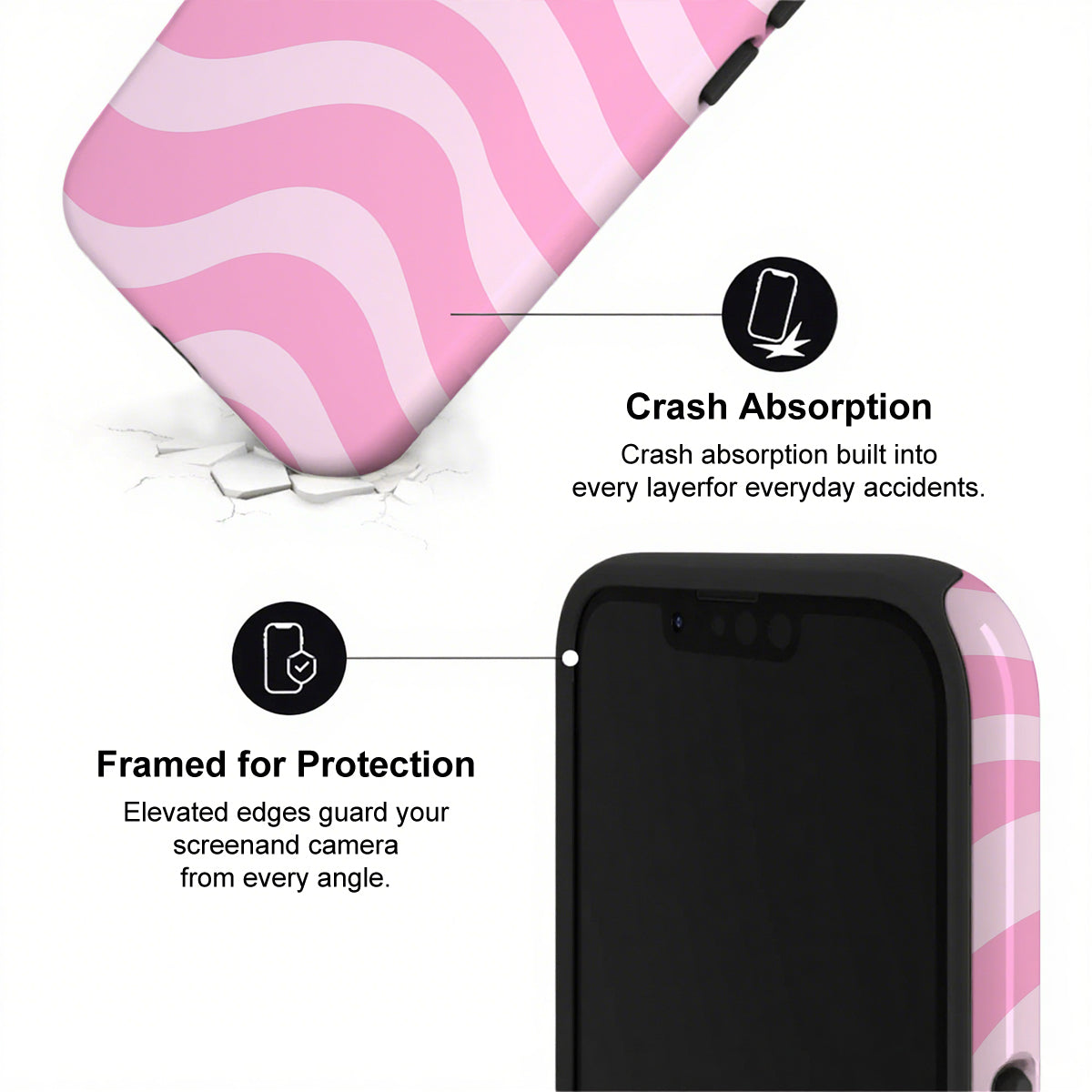 Phone case with pink and white wavy pattern, showing crash absorption and protection features.