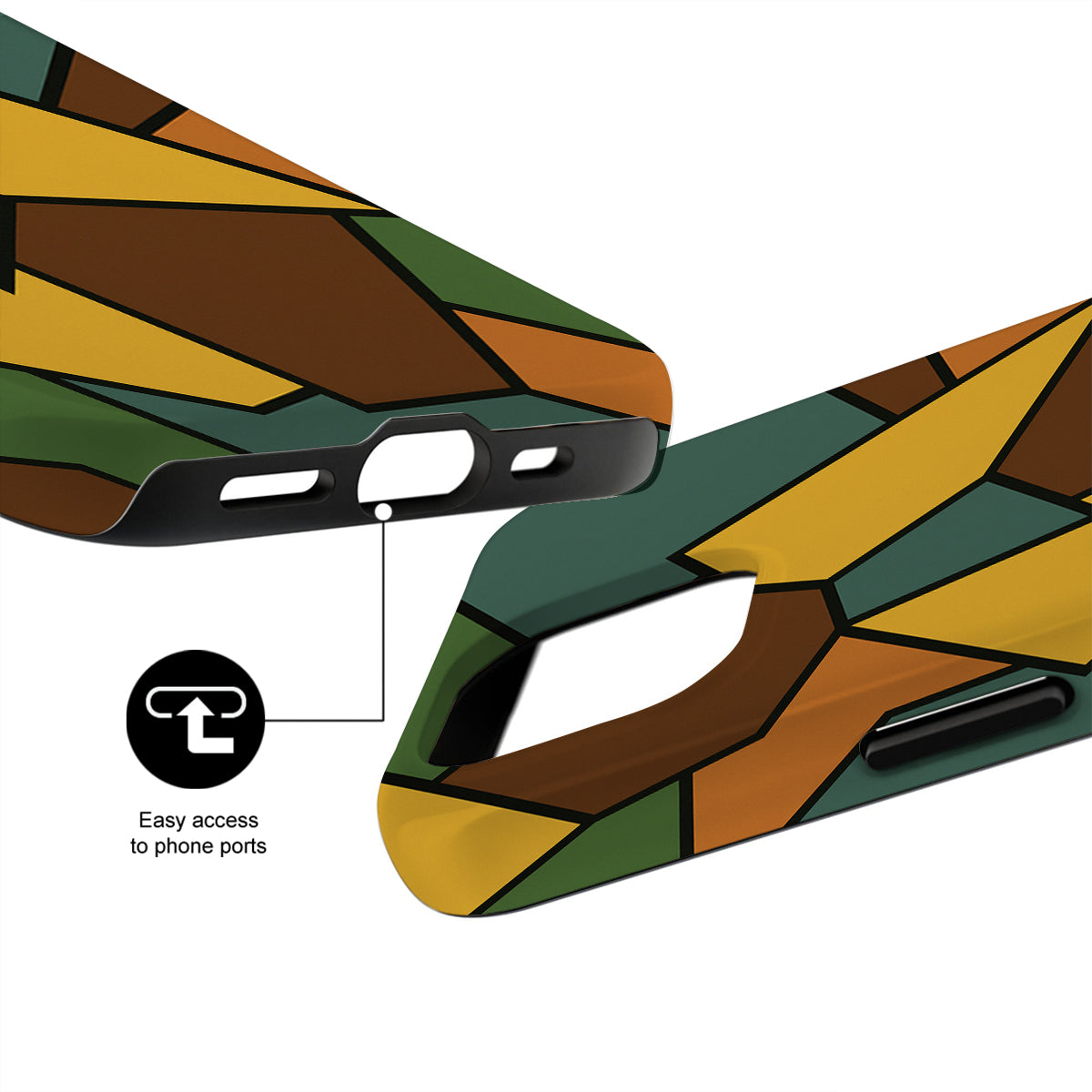 Colorful geometric phone case with ports highlighted on a white background