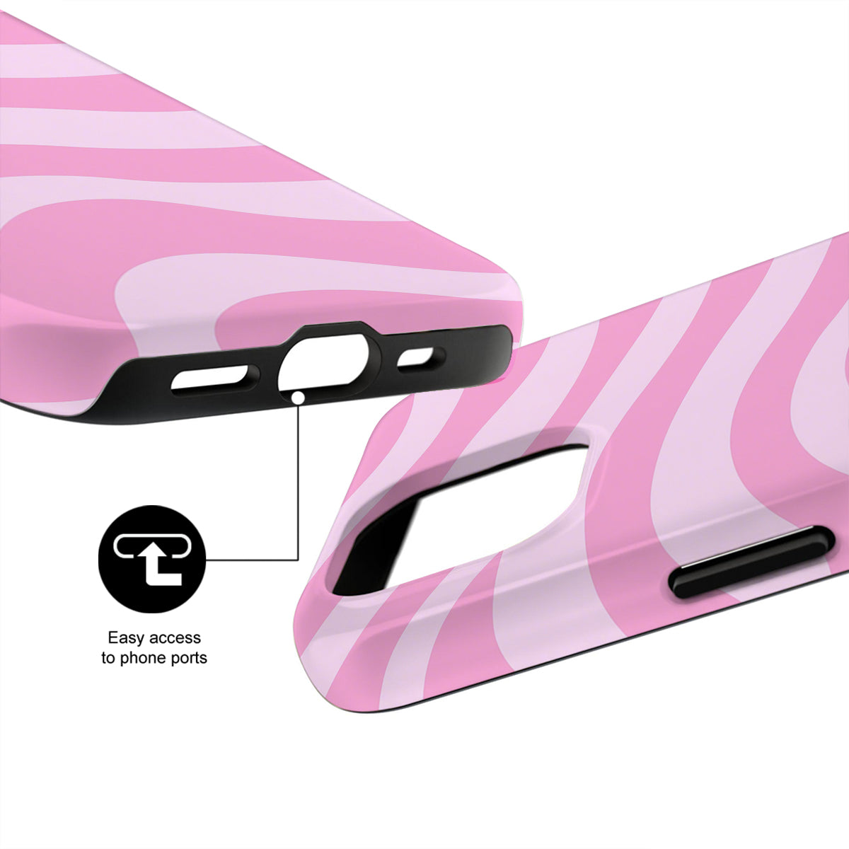 Pink and white striped phone case with ports easily accessible feature