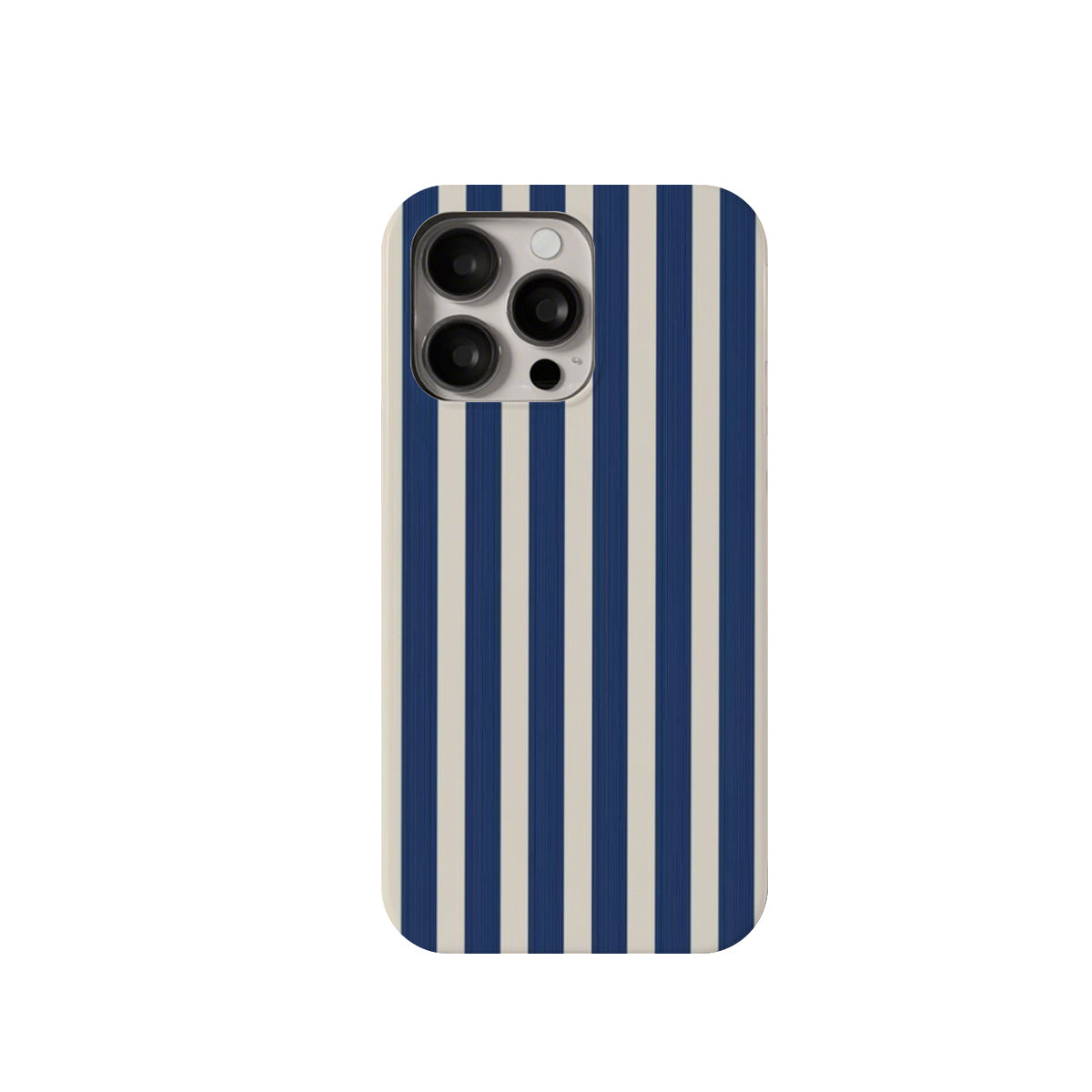 Phone case with blue and white vertical stripes on a white background