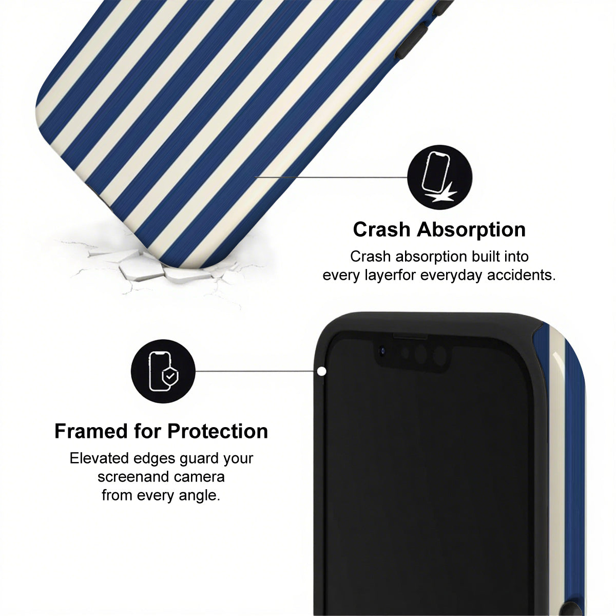 Phone case with blue and white striped design and text highlighting crash absorption and protection features.