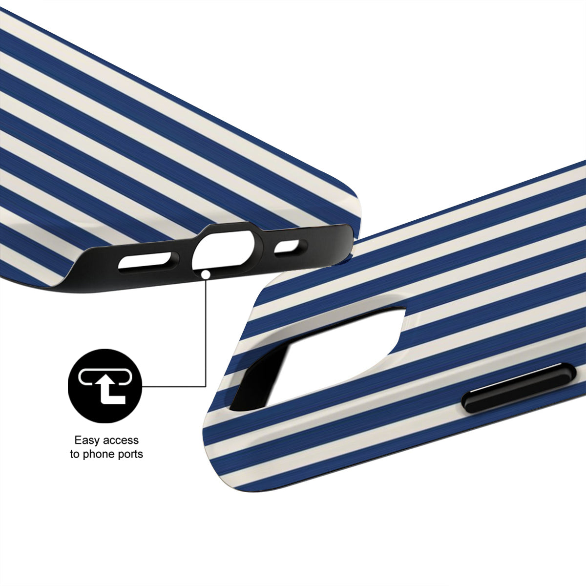 Blue and white striped phone case with black accents on a white background