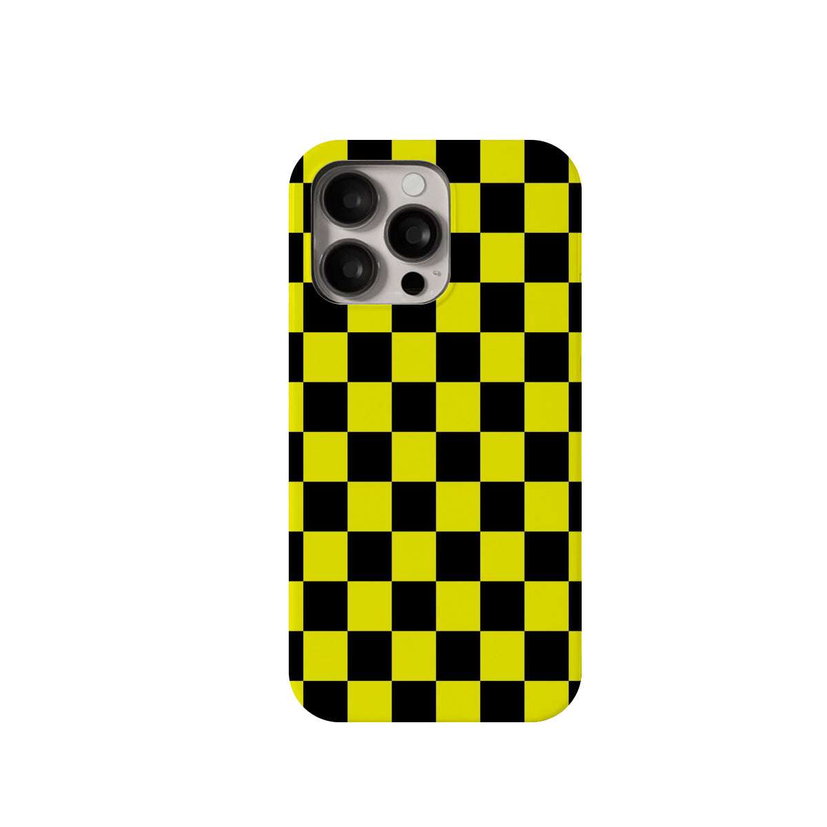 Phone case with black and yellow checkered pattern on a white background