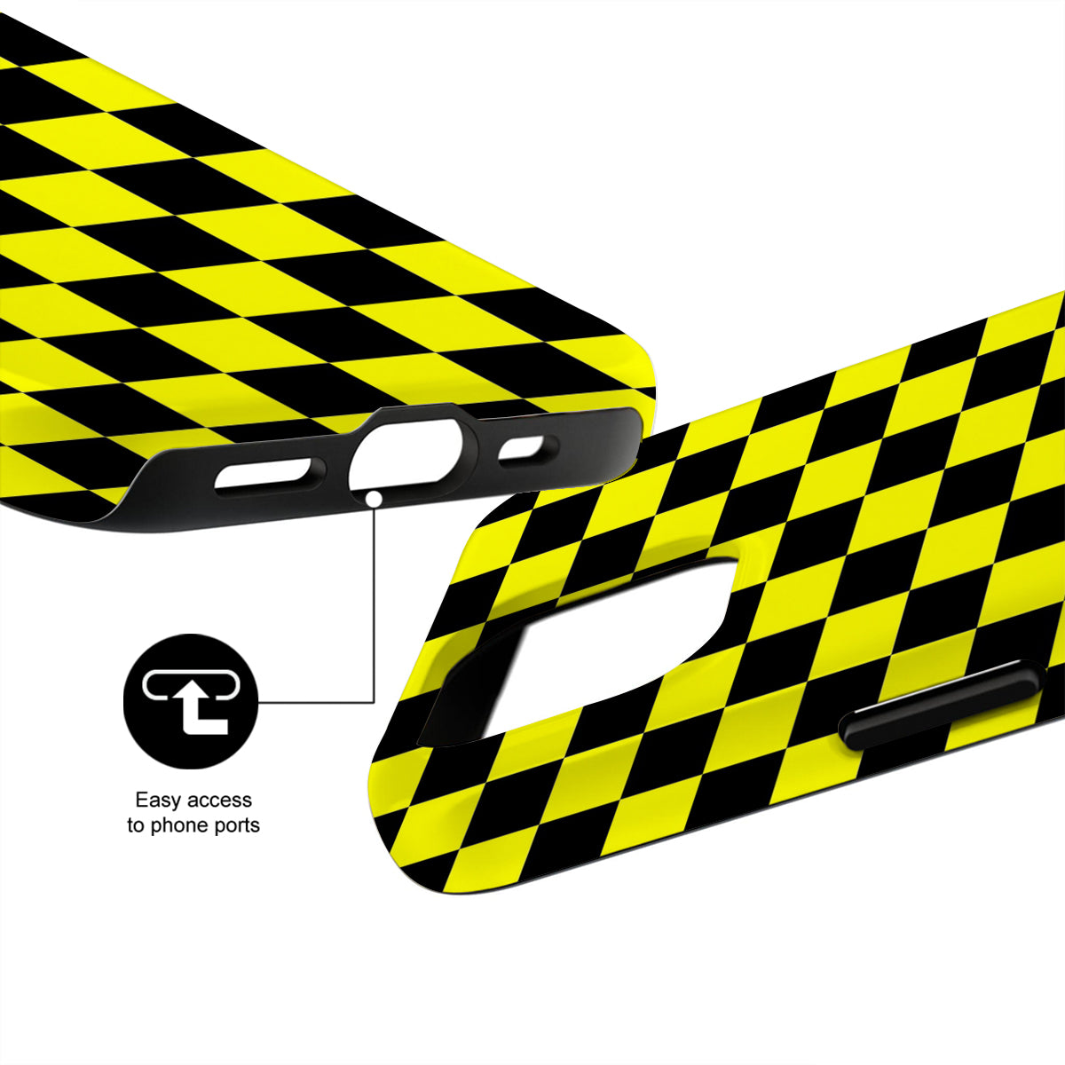 Yellow and black checkered phone case with ports easily accessible feature.