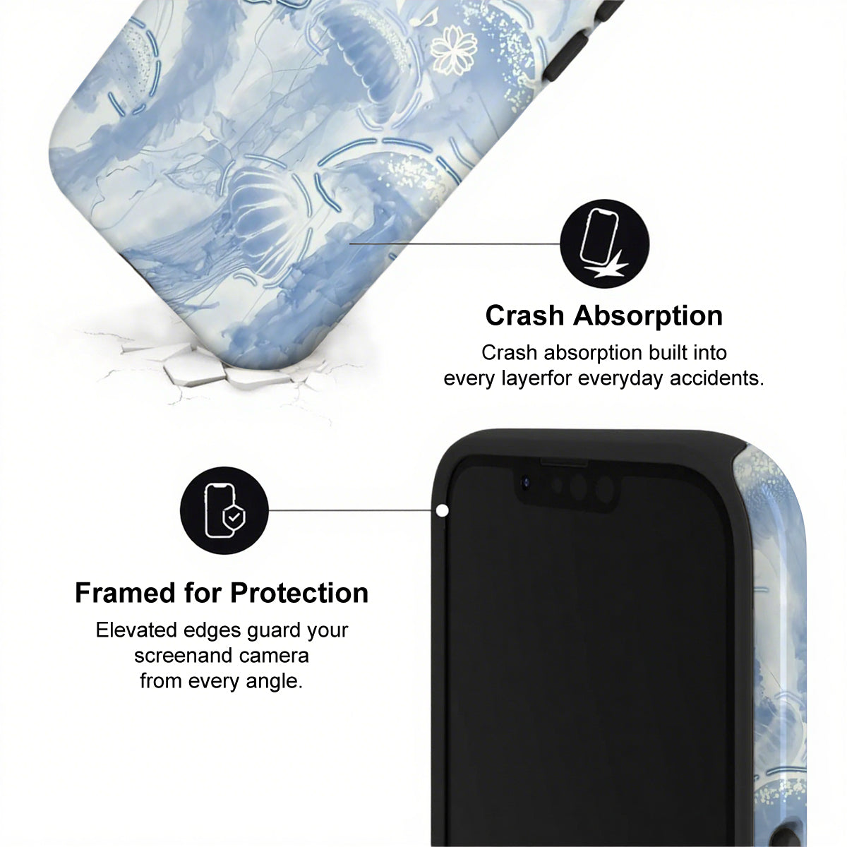 Phone case with crash absorption and protection features on a white background