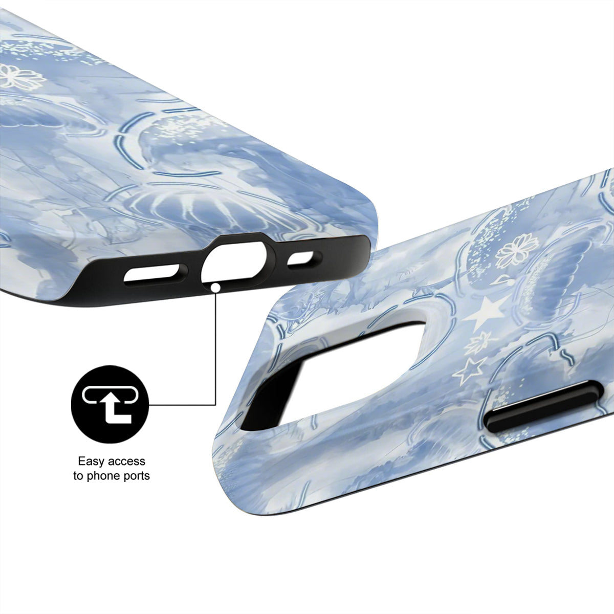 Phone case with blue and white abstract design, showing ease of access to phone ports.