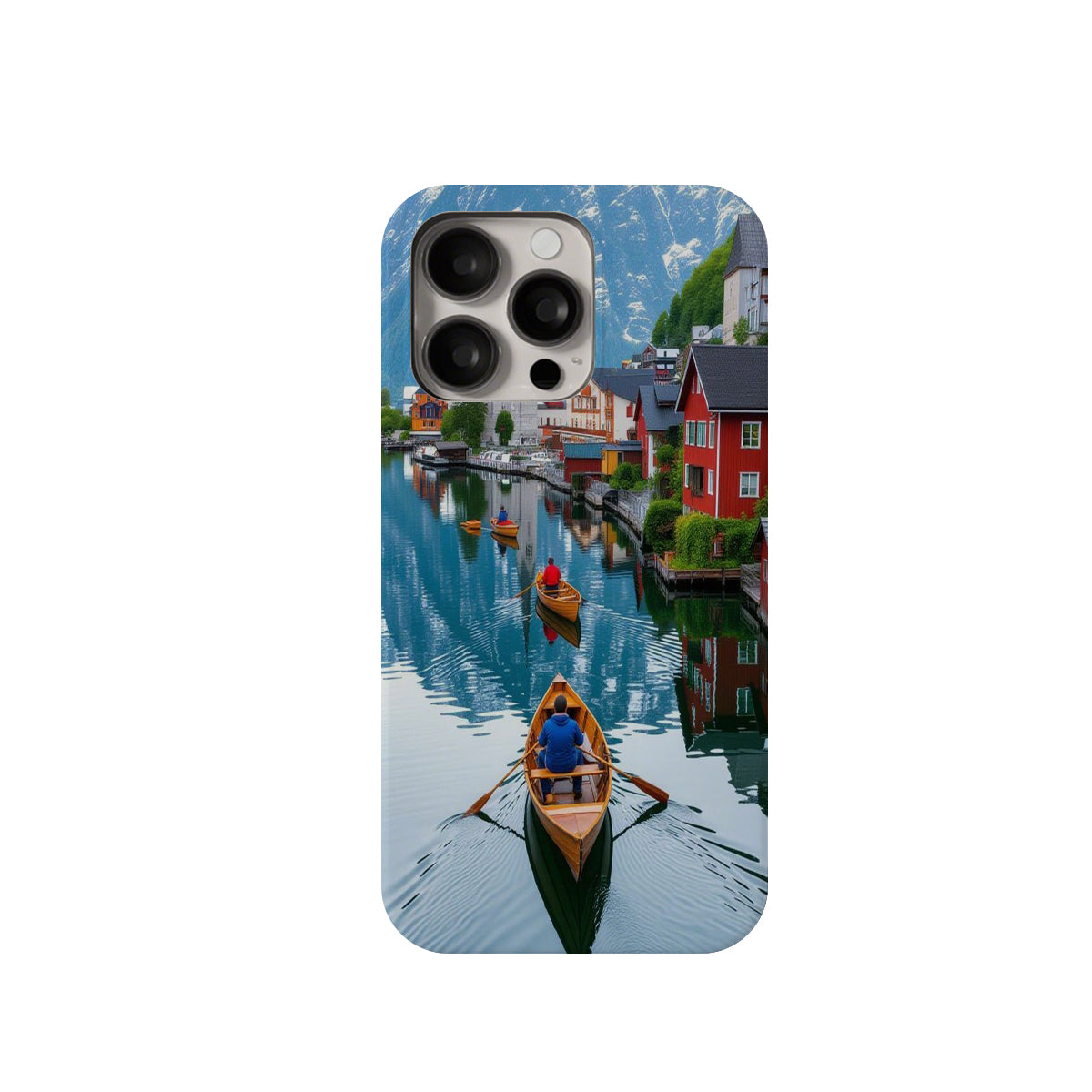 Phone case with a scenic design of a canal with boats and houses.