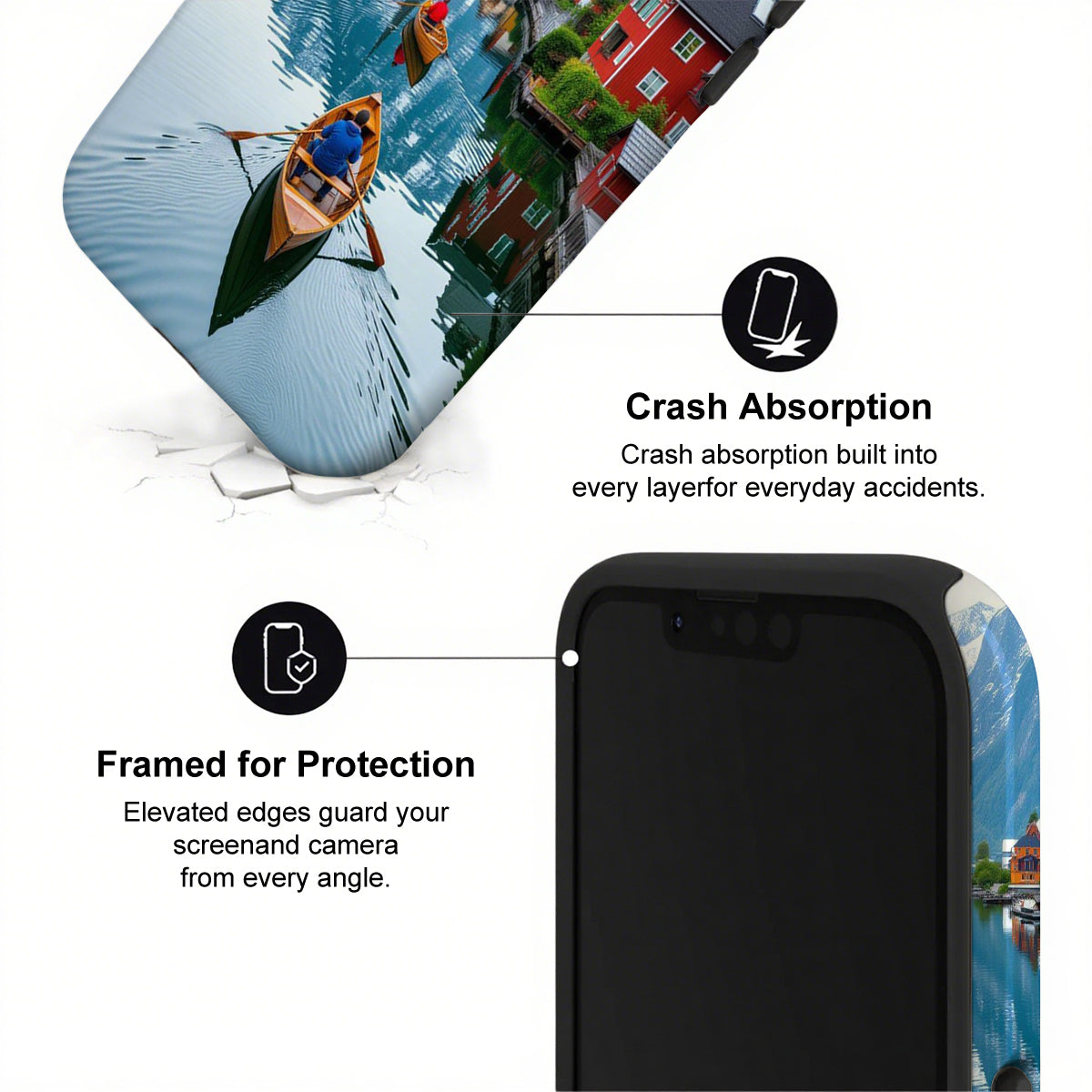 Phone case with crash absorption and framed protection features, scenic background.