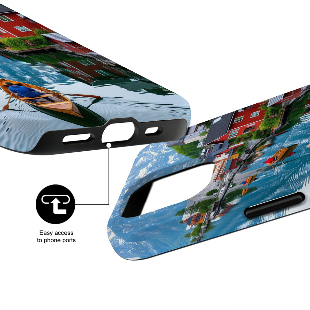 Phone case with scenic design of houses and boats, showing easy port access.