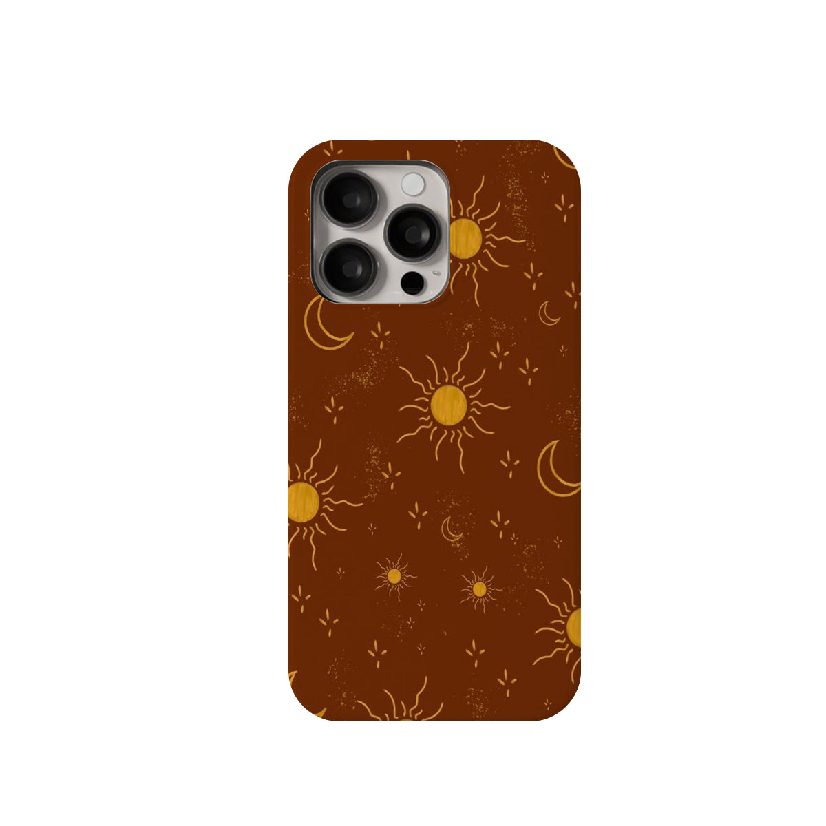 Phone case with sun and moon pattern on a brown background