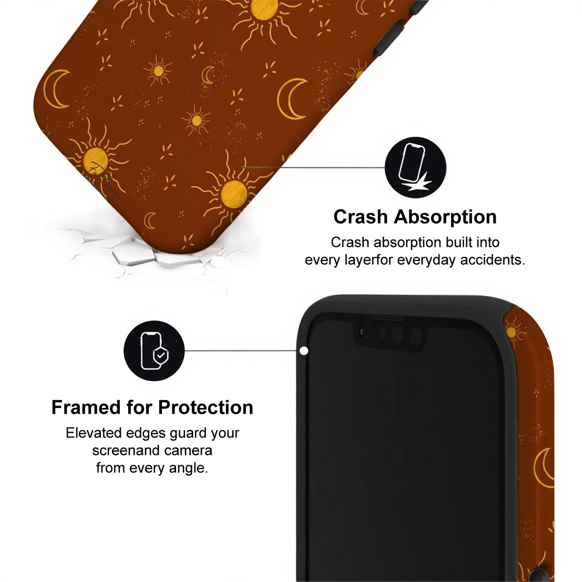 Phone case with sun and moon pattern and text about crash absorption and protection.