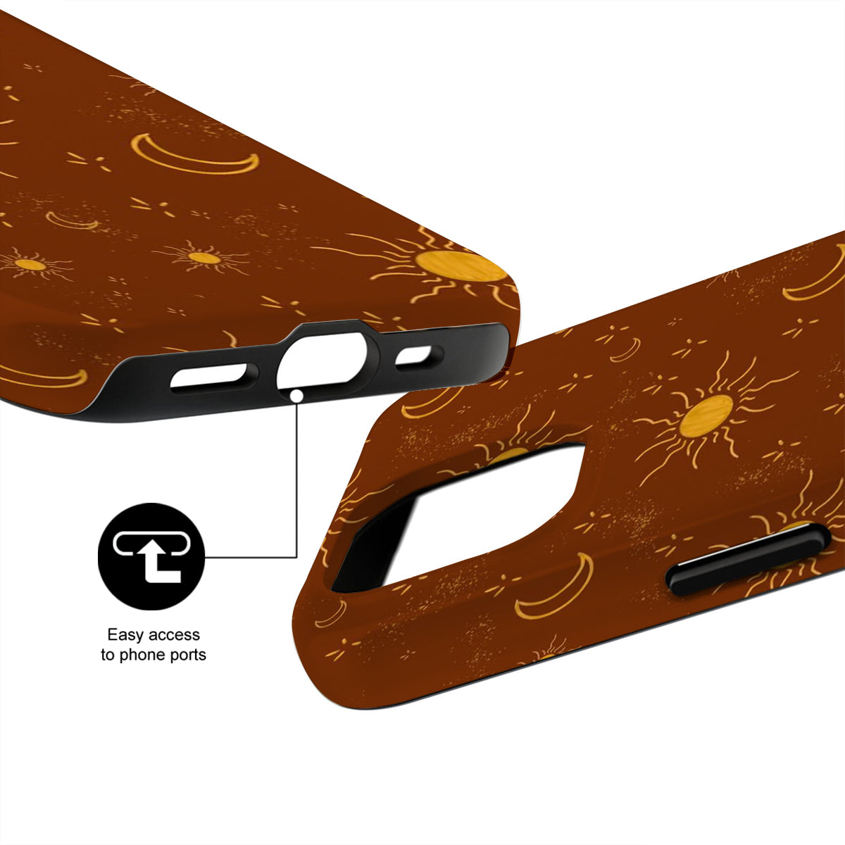 Brown phone case with sun and moon pattern and text 'Easy access to phone ports'.